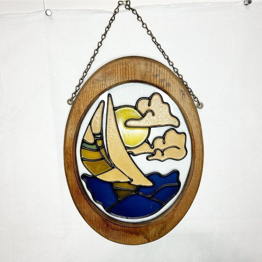 Hanging Sailboat Stained Acrylic Glass-like 13.5”x10” Oval